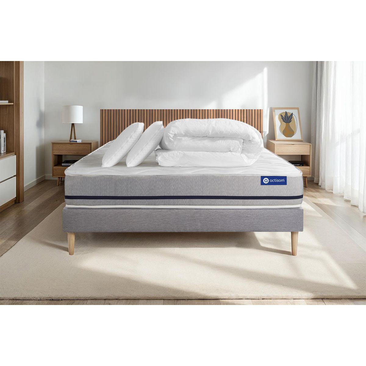 BETT Actilatex soft Latex und Memory-Schaum 140 x 200 cm h2 - Kit Bettgestell Grau - Mit Kissen und Bettdecke - Beige/Grau, Karton/Holz (140/200cm) - ACTISOM