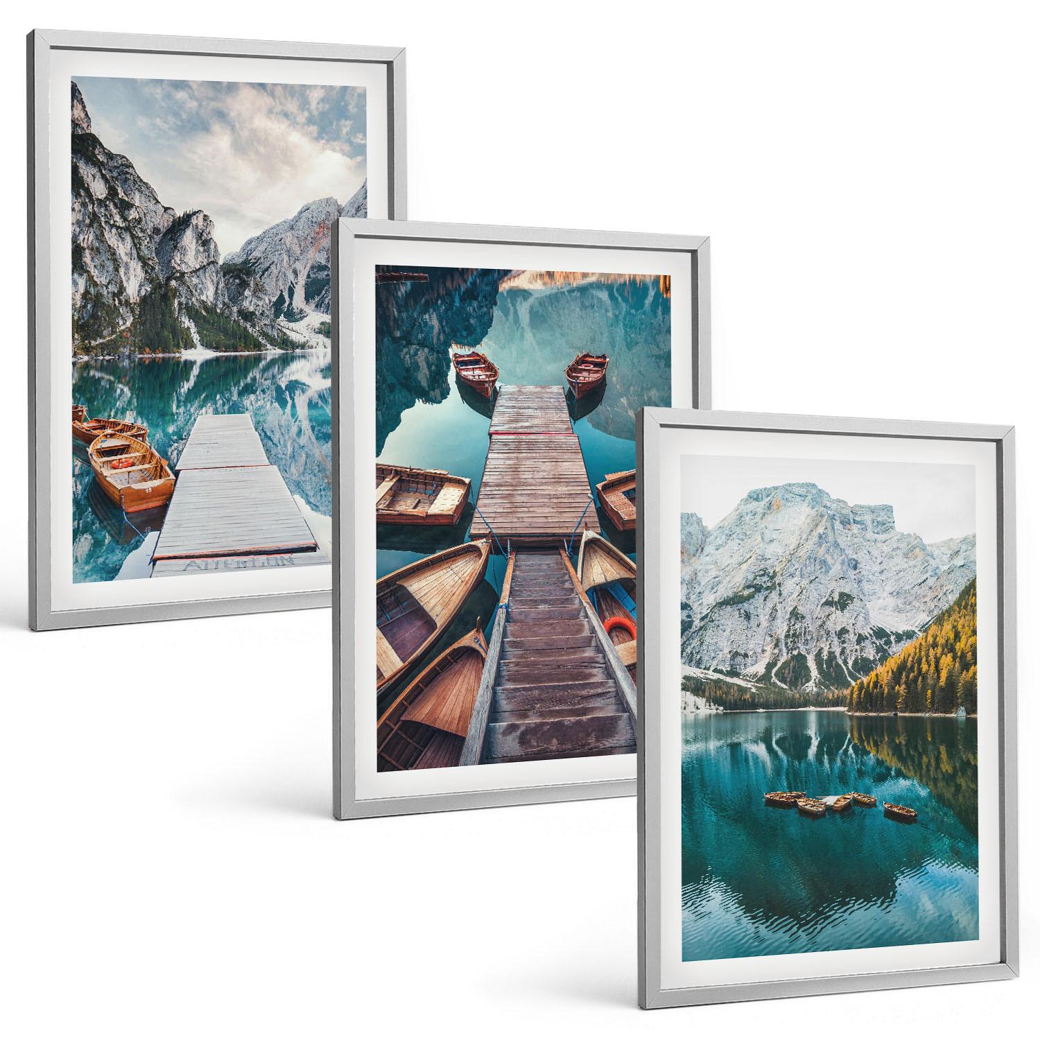 BILDER SET 3er Set - 40x60 cm Silberner Rahmen - See, Brücken, Berge - Silberfarben, Kunststoff (40/60cm) - TULUP