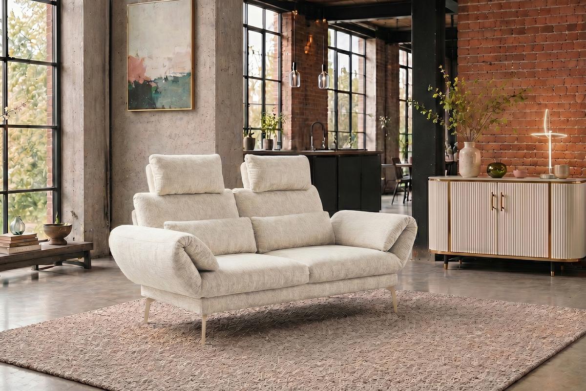 SOFA HOLLY Weiß Flachgewebe - Weiß/Braun, Textil/Metall (176/90/92cm) - KAWOLA