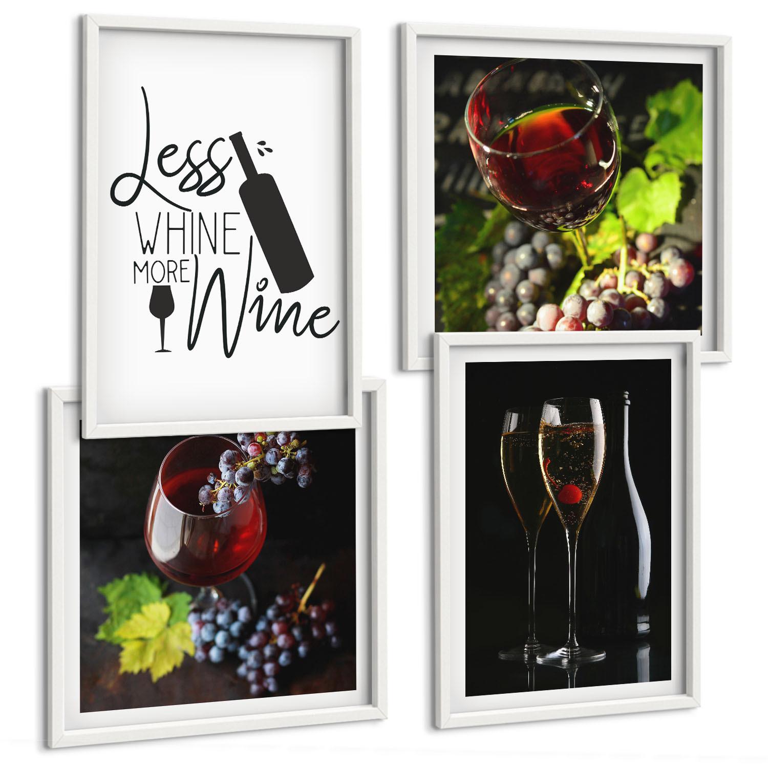 BILDER SET 4er Set - 50x50 cm & 40x60 cm Weißer Rahmen - Weingläser mit Trauben und Inschrift - Weiß, Kunststoff (50/50cm) - TULUP