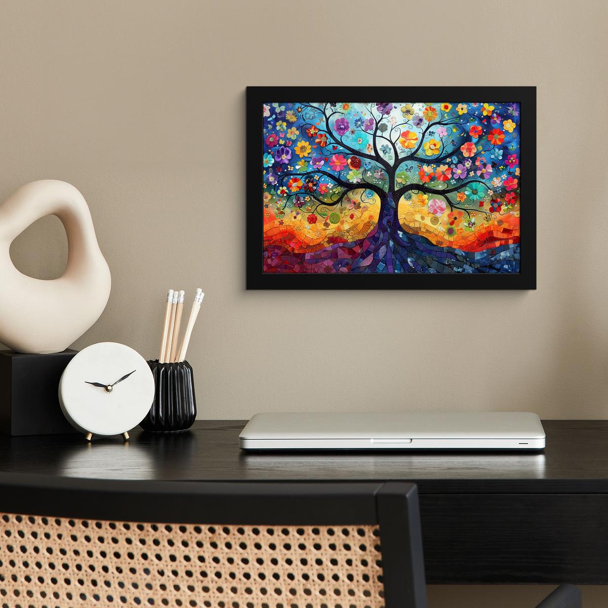 POSTER MIT RAHMENGERAHMTES BILD Kunst - Baum des Lebens - Blumen - Hippie 30x20 cm - Dunkelblau, Papier (30/20cm) - MuchoWow