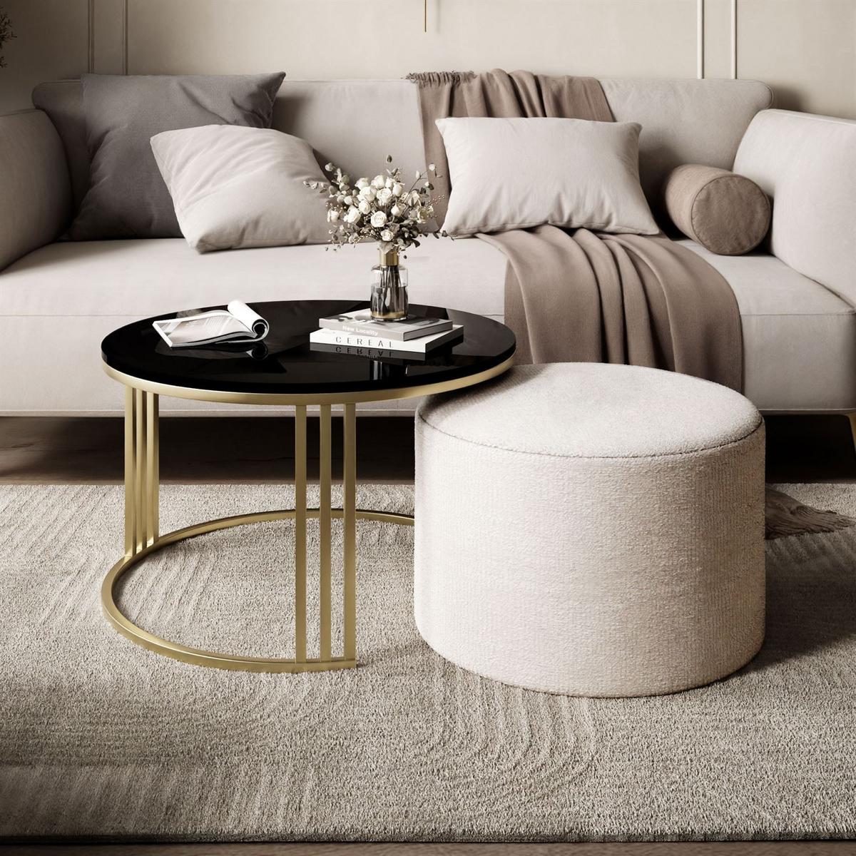COUCHTISCH mit Hocker LORI Hochglanz gebürstetes Gold/Schwarz glänzend/Perfect Harmony 01 - Schwarz, Metall (70/70/49cm) - Lookway