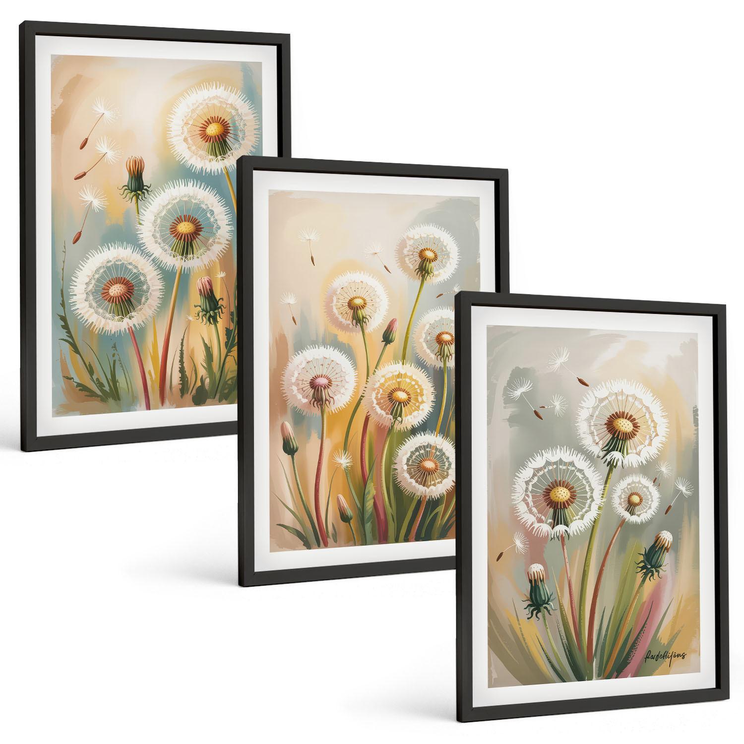 BILDER SET 3er Set - 40x60 cm Schwarzer Rahmen - Löwenzahnblüten, pastellfarbene Gräser - Schwarz, Kunststoff (40/60cm) - TULUP