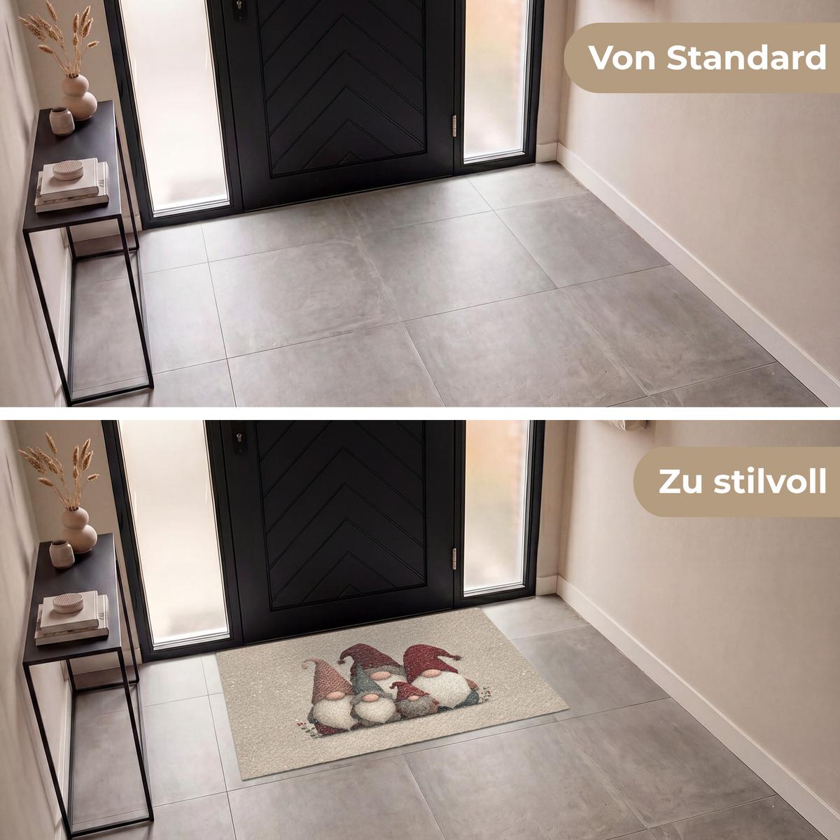 FUSSMATTE Wichtel - Weihnachten - Schnee - Zipfelmützen Türmatte 120x80 cm - Beige, Kunststoff (120/0.4cm) - MuchoWow