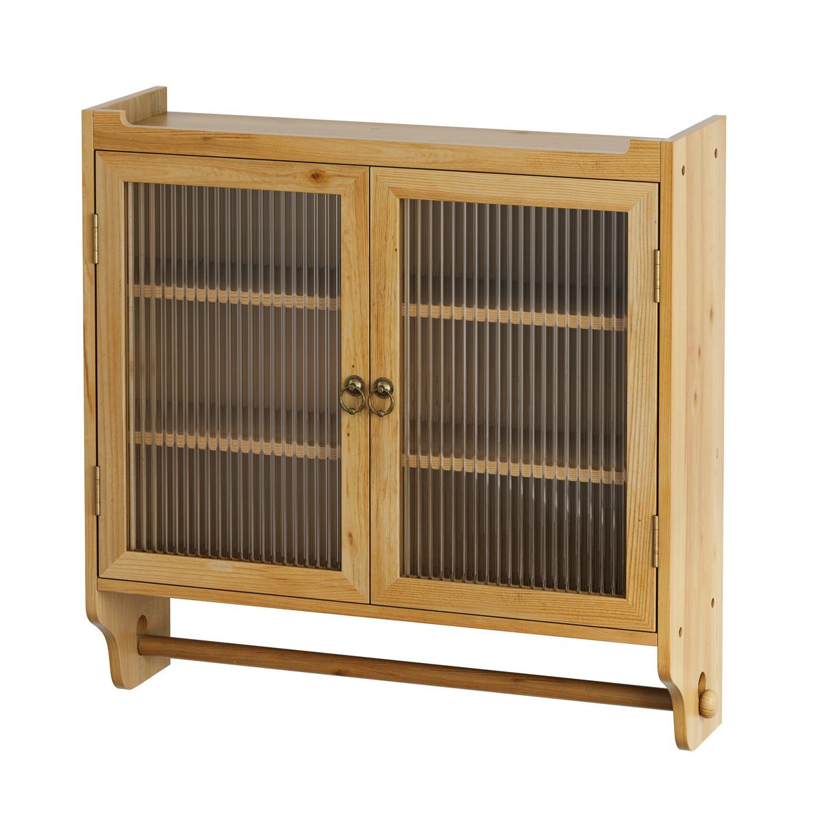 WANDSCHRANK Vintage Naturholz mit Glastüren, 3 Ebenen & Handtuchhalter 63cm - Naturfarben, Holzwerkstoff (63/60/18cm) - Urban Meuble