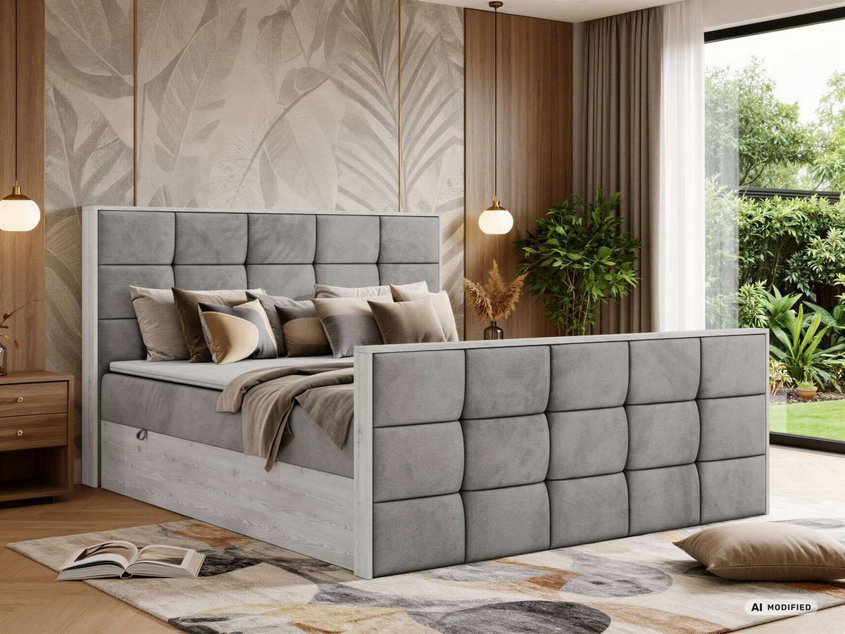BOXBETT ALNOR DUO 140/200 - Hellgrau Velvet - Topper Visco - H4 - Hellgrau/Schwarz, Kunststoff/Textil (140/200cm) - MKS