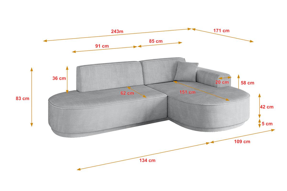 ECKSOFA Ottomane Rechts MARI-L1-v3 - 243x171x83 cm Grau Cord - Schwarz/Grau, Holzwerkstoff/Kunststoff (171/243cm) - ALTDECOR