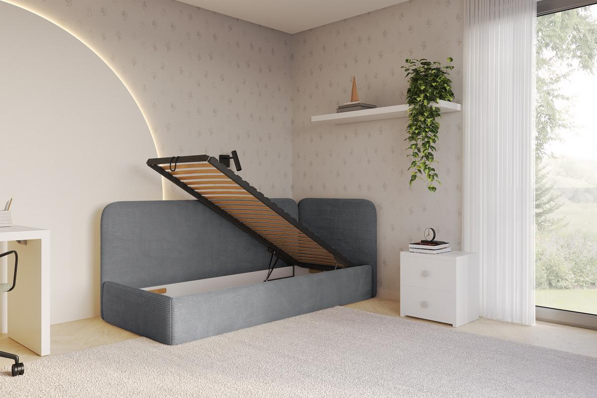 EINZELLBETT Jugendbett mit Bettkasten und Matratze H3/H4, Links - ELSY 80x200 Dunkelgrau - Graphitfarben, Holzwerkstoff/Textil (80/200cm) - ALTDECOR