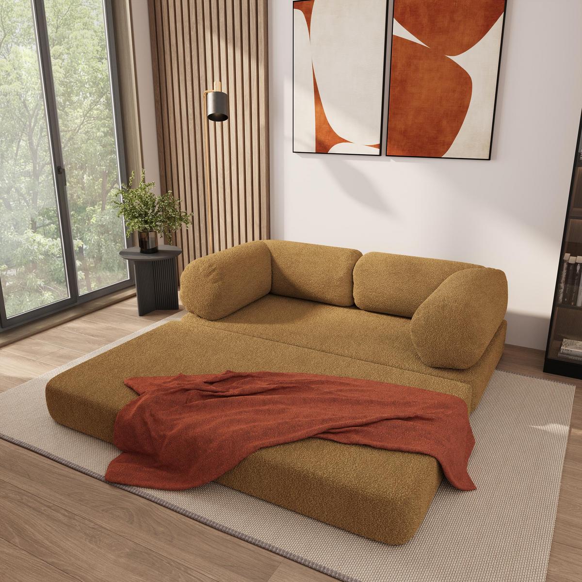 BETTSOFA EIREN aus Schaumstoff Bucle-Stoff Orange Schlaffunktion - Gelb, Textil (170/68/80cm) - MASSENO