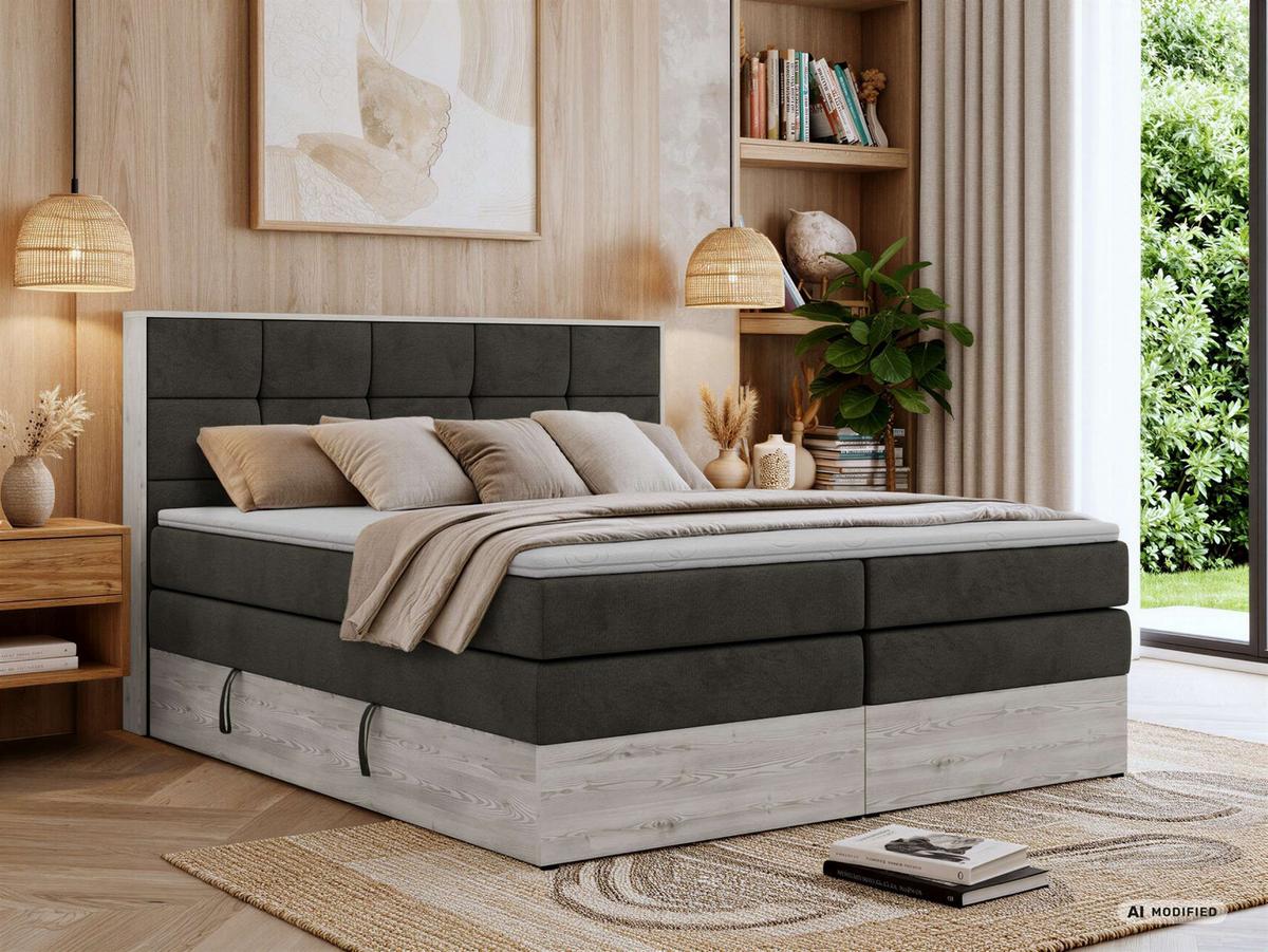 BOXSPRINGBETT ALNOR KING 160/200 - Dunkelgrau Velvet - Topper Visco - H4 - Dunkelgrau/Anthrazit, Kunststoff/Textil (160/200cm) - MKS