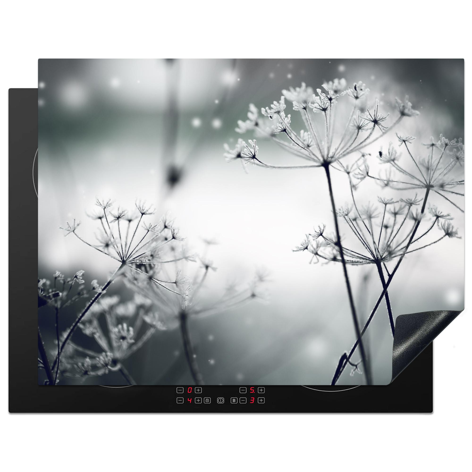 HERDABDECKPLATTE Blumen - Winter - Schnee - Natur Induktionsmatte 77x59 cm - Grau, Kunststoff (77/59/0.2cm) - MuchoWow