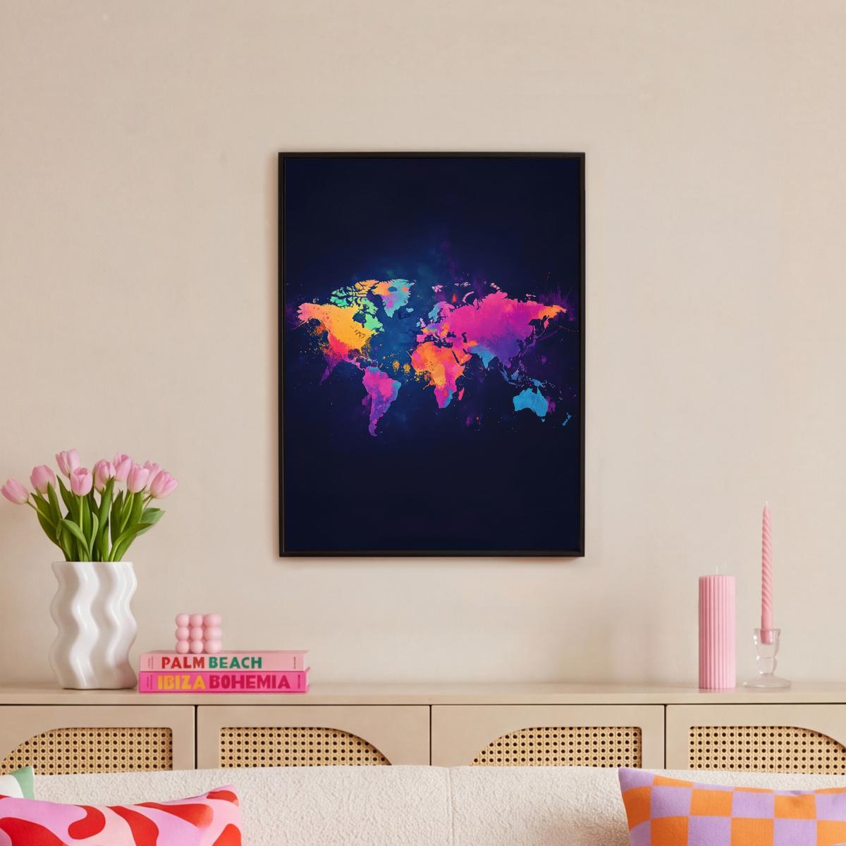 LEINWAND Bilder mit Rahmen - Weltkarte - Bunt - Graffiti - 60x80 - Multicolor, Textil (60/80cm) - MuchoWow