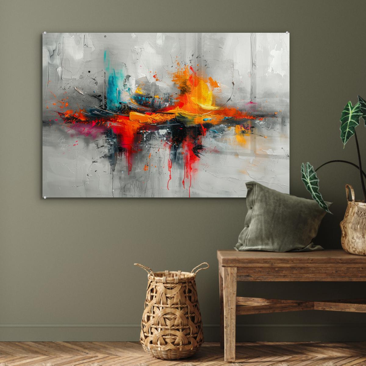 ACRYLGLASBILD Moderne Kunst - Orange - Grau - Abstrakt Wandbild Schlafzimmer 120x80 cm - Hellgrau, Glas (120/80cm) - MuchoWow