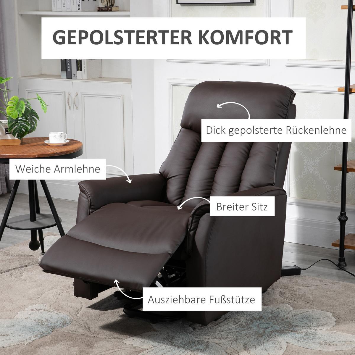 SESSEL mit Aufstehhilfe Kunstleder braun - Schwarz/Braun, Leder/Kunststoff (94/104/80cm) - HOMCOM