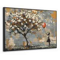 LEINWAND Bilder mit Rahmen - Baum - Graffiti - Banksy-Stil - Ballon-Mädchen - 140x90 - Blaugrau, Textil (140/90cm) - MuchoWow
