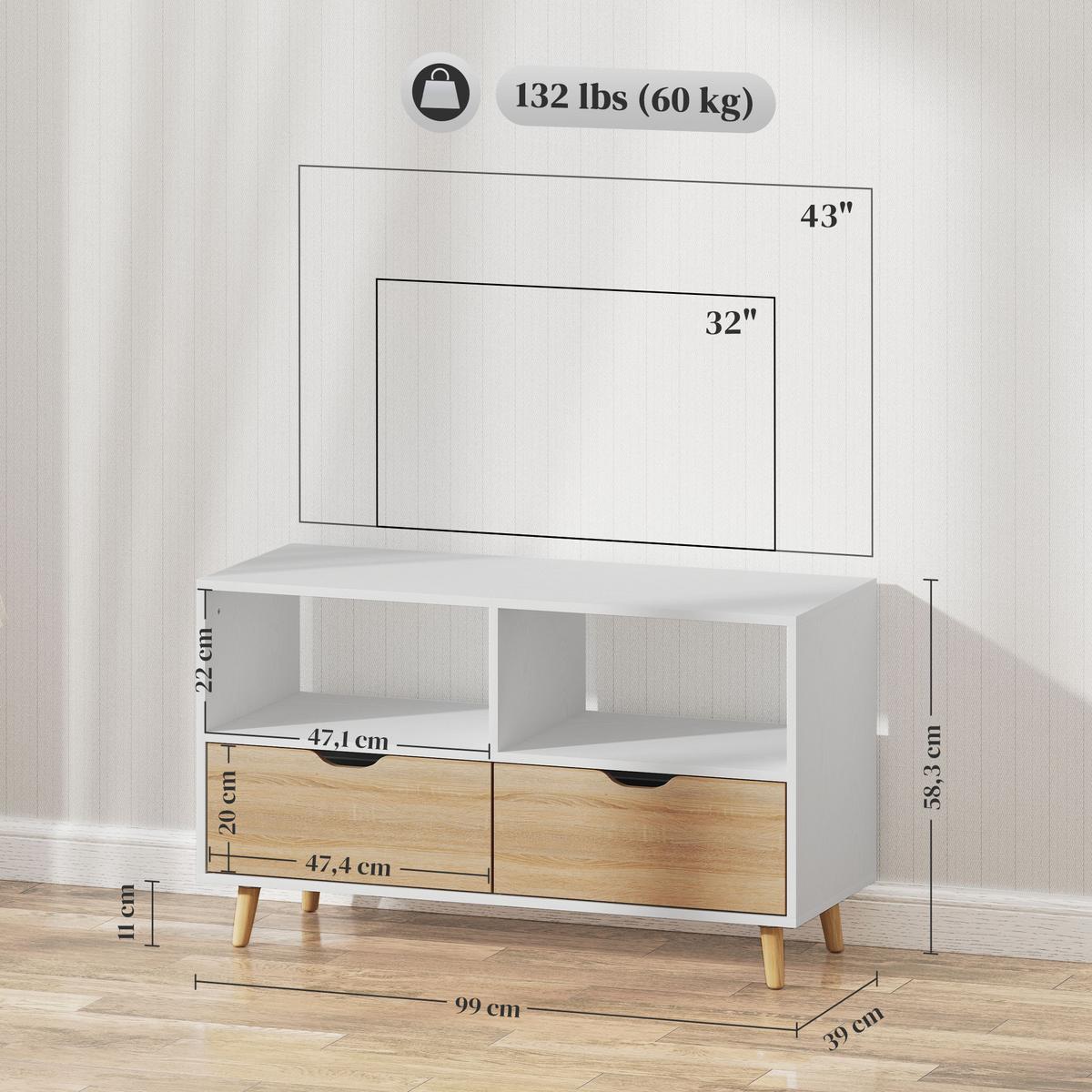 TV-SCHRANK Lowboard mit 2 Ablage, Schublade, Weiß - Weiß, Holzwerkstoff (39/58.3/99cm) - HOMCOM