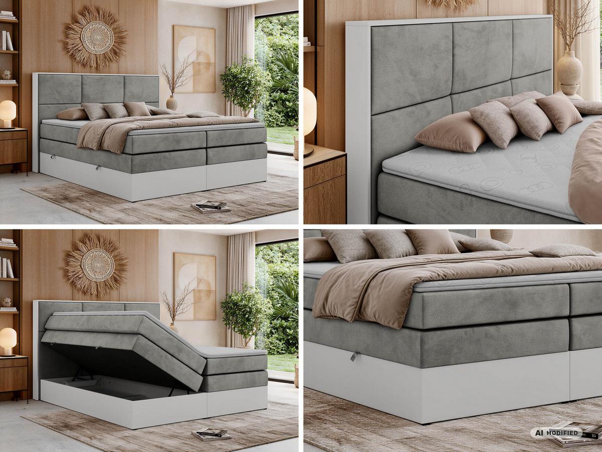 BOXSPRINGBETT DELVIT KING 140/200 - Hellgrau Velvet - Topper Visco - H3 - Hellgrau/Schwarz, Kunststoff/Textil (140/200cm) - MKS