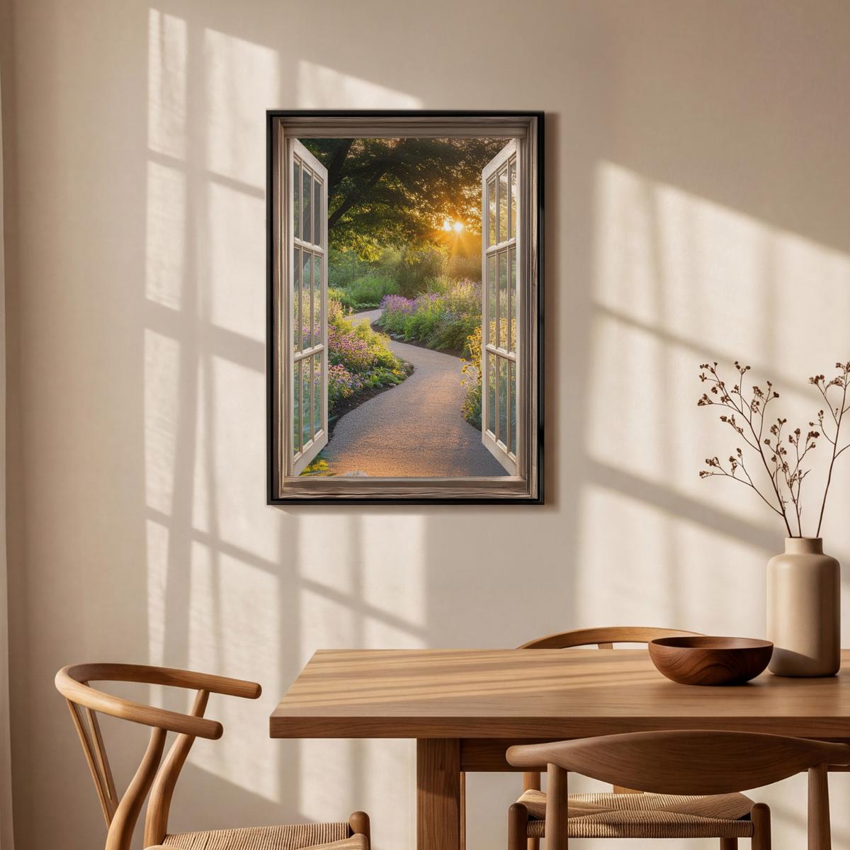 LEINWAND Bilder mit Rahmen - Aussicht - Blumen - Natur - Sonne - Weg - 60x90 - Hellgelb, Textil (60/90cm) - MuchoWow