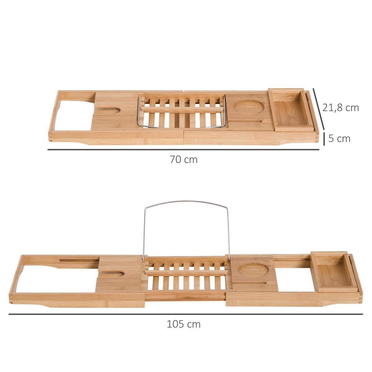 BADEWANNENABLAGE Badewannenbrücke Wannenauflage Tablett Bambus Sekthalter - Naturfarben, Holz (218/5/105cm) - HOMCOM