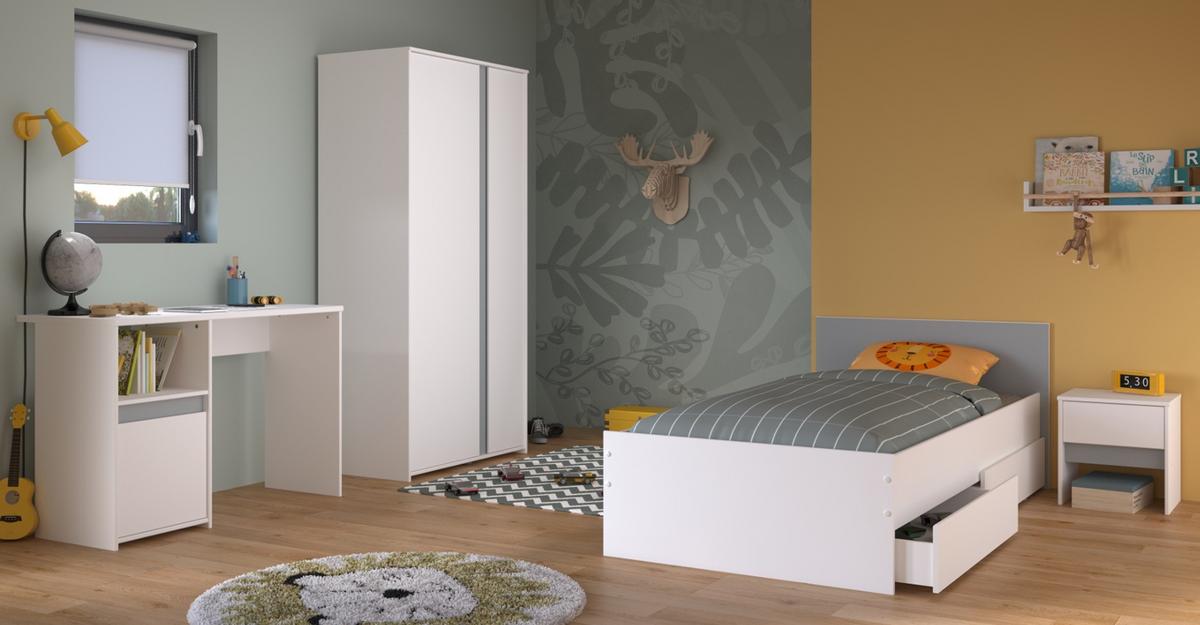 KINDERZIMMER weiß, grau oder rosa, Komplett-Set 4-teilig mit Kleiderschrank, Schreibtisch, Bett 90x200 - Weiß, Holzwerkstoff (100/182/203cm) - Parisot Meuble