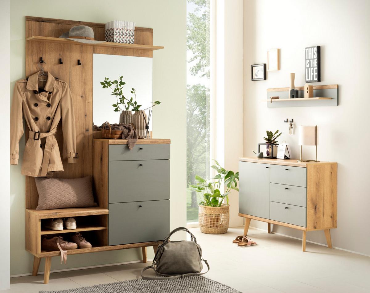 GARDEROBEN-SET Evoke Eiche und Salbei, Kompaktgarderobe skandinavisch 110 x 200 cm - Salbeigrün/Eichefarben, Glas/Holz (110/200/34cm) - Furn.Design