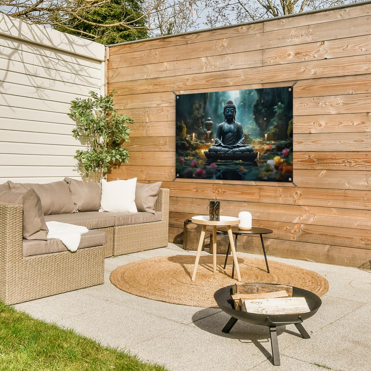 GARTENPOSTER Buddha - Statue - Buddha - Zen - Kunst - Buddha Gartendeko 90x60 cm - Dunkelgrau, Kunststoff (90/60/0.2cm) - OnlyWow