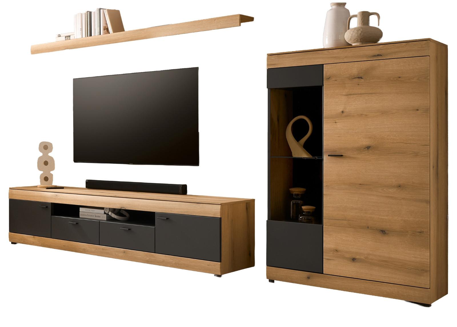 WOHNWAND Eiche, grau 300 cm 3-teilig, Schrankwand mit Soft-Close - Kaschmir/Eichefarben, Glas/Holzwerkstoff (300/170/45cm) - Furn.Design