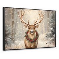 LEINWAND Bilder mit Rahmen - Weihnachten - Rentier - Winter - Kranz - 140x90 - Naturfarben, Textil (140/90cm) - MuchoWow
