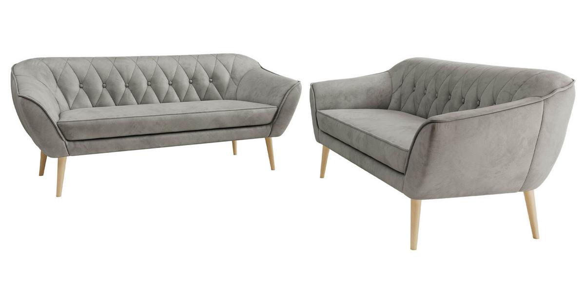 SITZGARNITUR PIRS 3+3 - Hellgrau Velvet - Holzbeine - Buchefarben/Hellgrau, Holzwerkstoff/Textil (180/75/74cm) - MKS