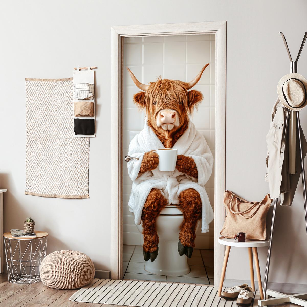 TÜRAUFKLEBER Schottischer Highlander - WC - Bademantel - Modern - Tiere 85x215 cm - Türtapete - Kastanienfarben, Kunststoff (85/0.1cm) - MuchoWow