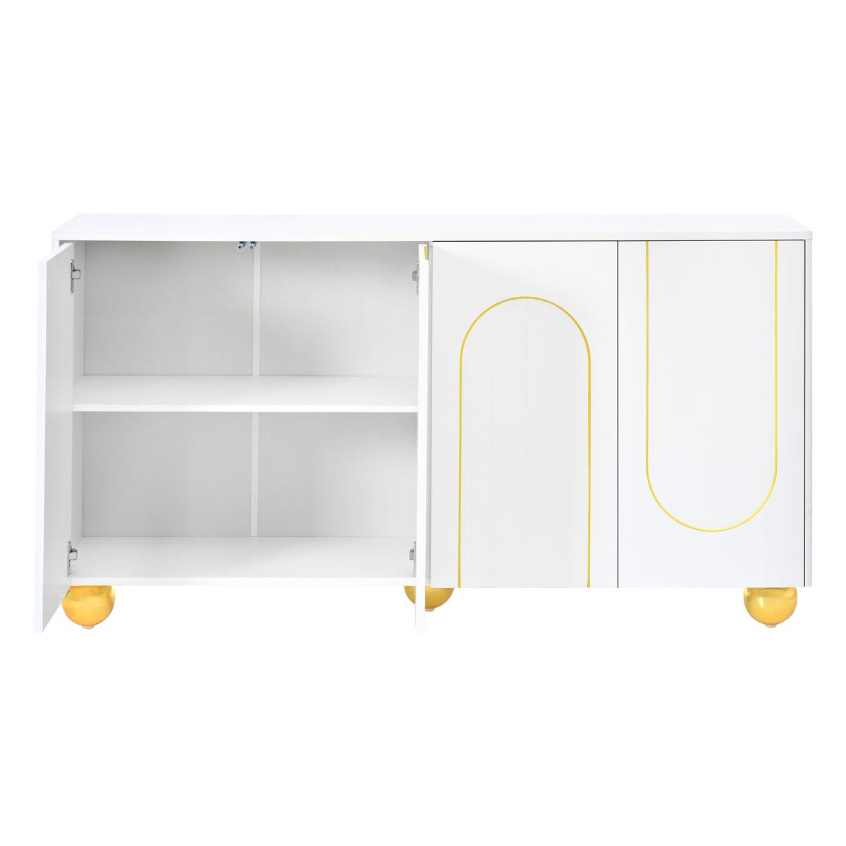 SIDEBOARD Weiß 140cm mit 4 Türen Gold-Bogen-Dekor & Kugelfüßen - Weiß, Holzwerkstoff (140/74/40cm) - Urban Meuble