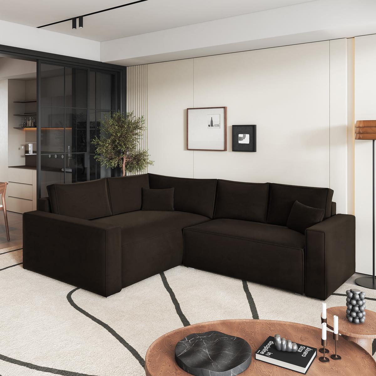 ECKSOFA ERONIS L-S Braun Velours-Stoff mit Schlaffunktion - Braun, Holz (265/194cm) - MASSENO