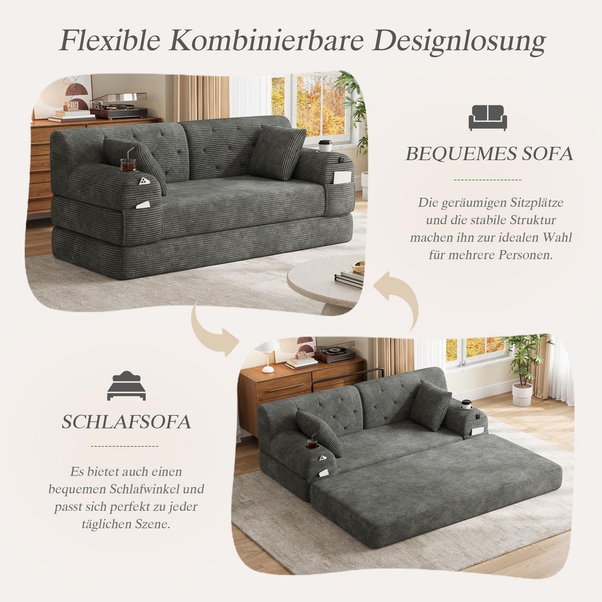 SCHLAFSOFA 2-Sitzer Cord mit Schlaffunktion, Getränkehalter & Taschen - Dunkelgrau, Textil (168/81/80cm) - Urban Meuble