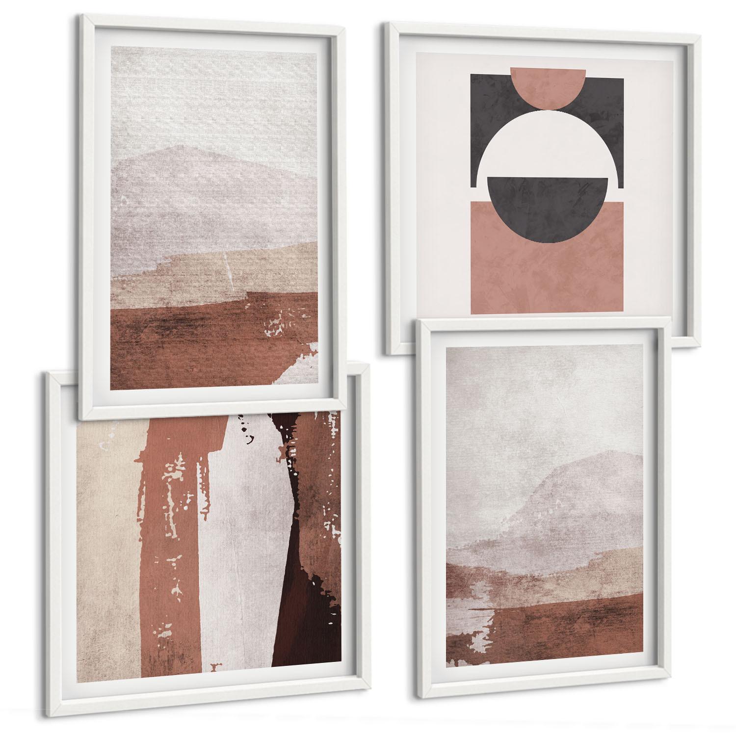 BILDER SET 4er Set - 50x50 cm & 40x60 cm Weißer Rahmen - Abstrakte braune Muster - Weiß, Kunststoff (50/50cm) - TULUP