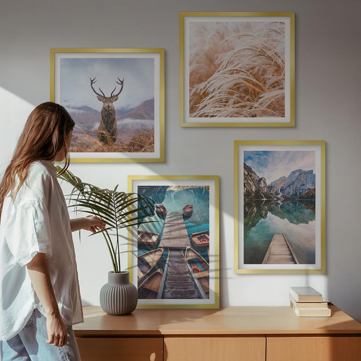 BILDER SET 4er Set - 50x50 cm & 40x60 cm Goldrahmen - Seeboote Hirsche Berge - Goldfarben, Kunststoff (50/50cm) - TULUP