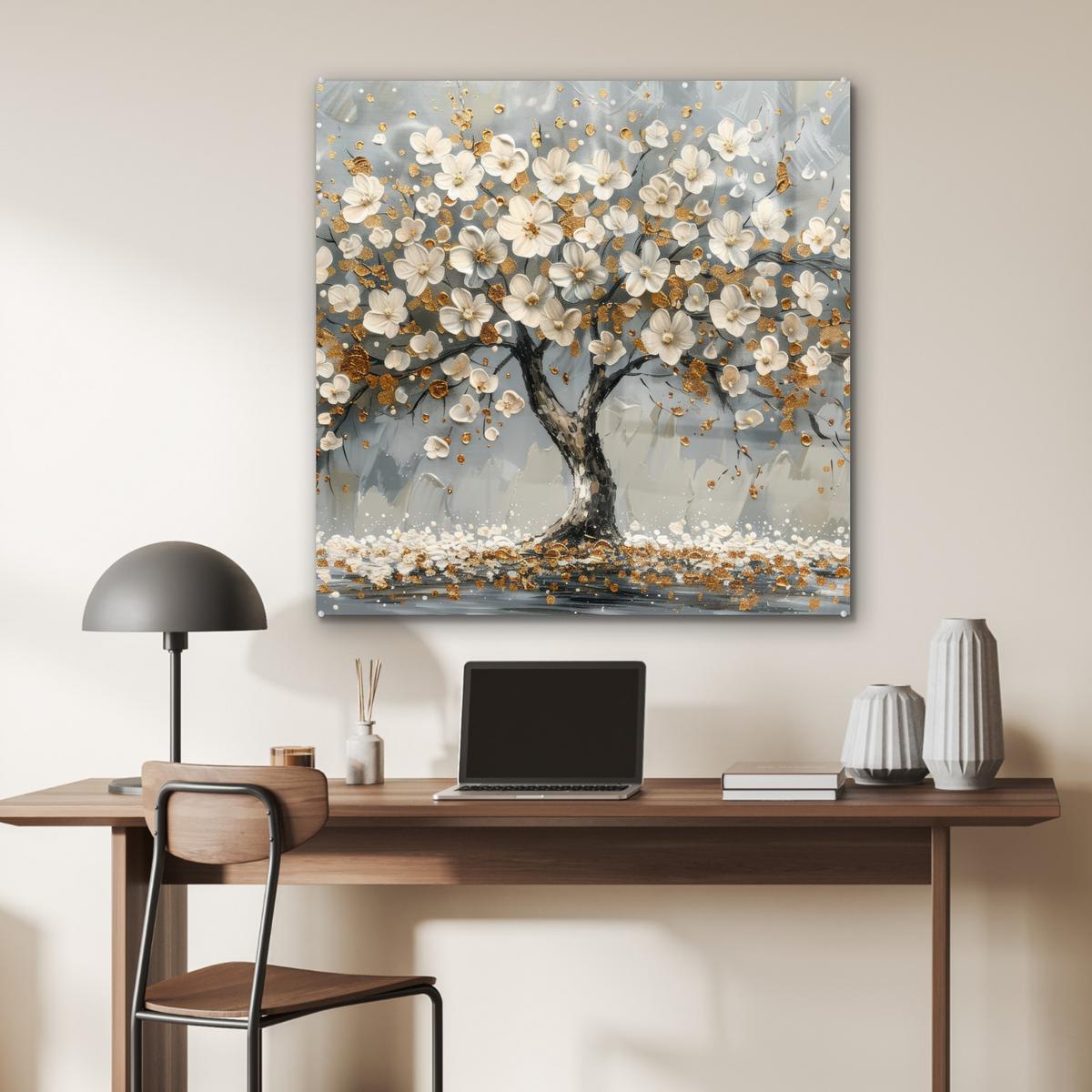 ACRYLGLASBILD Baum - Blumen - Weiß - Natur - Kunst 90x90 cm - Weiß, Glas (90/90cm) - MuchoWow