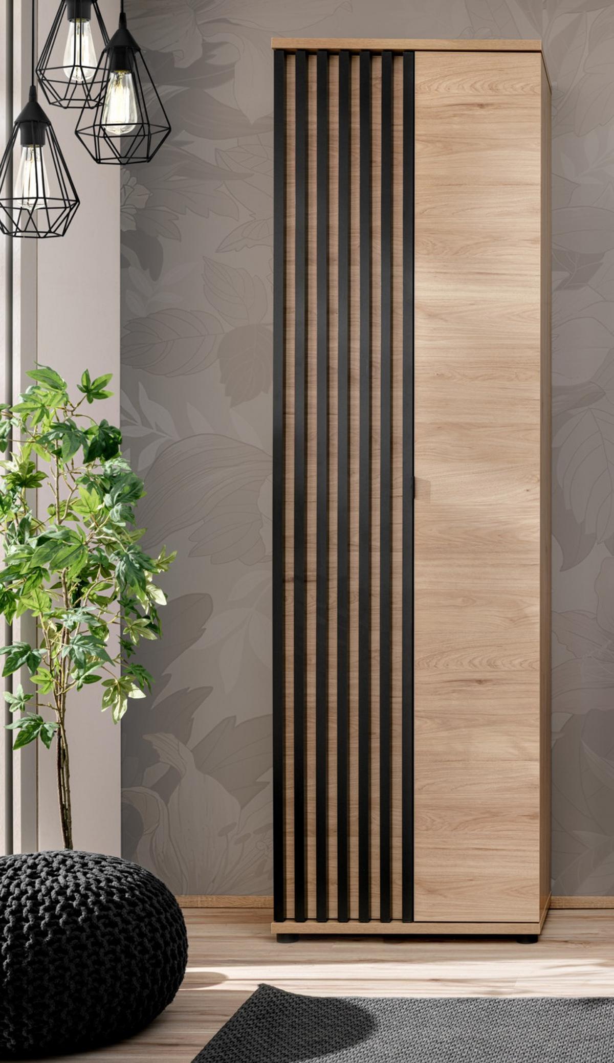 GARDEROBENSCHRANK Eiche, schwarz 60 cm, Flurschrank mit variabler Inneneinteilung - Eichefarben/Schwarz, Holzwerkstoff/Kunststoff (60/202/35cm) - Furn.Design