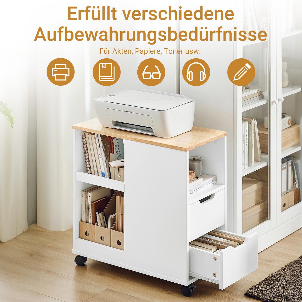 DRUCKERTISCH mit Rollen, Weiß-Natur 60x30x60cm - Weiß/Naturfarben, Holz/Holzwerkstoff (30/60/60cm) - SoBuy