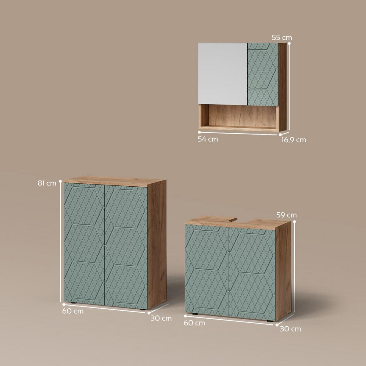 BADMÖBEL-SET Ronco Grün/Goldkraft Eiche 3 Teile, mit Unterschrank 60 cm - Honigeiche/Grün, Holzwerkstoff (60/59/30cm) - Livinity®