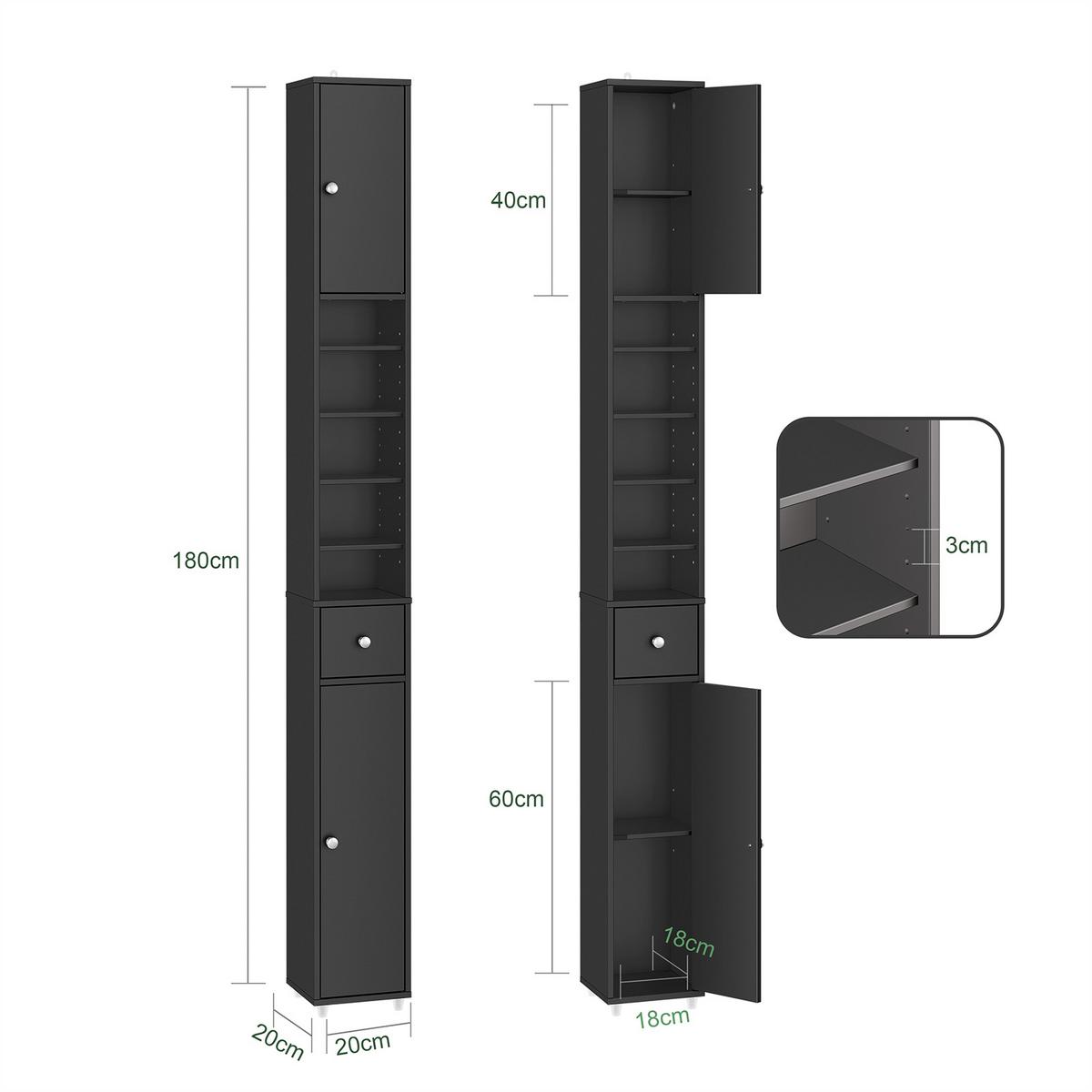 HOCHSCHRANK schmal, MDF (E1), 20x180x20cm, Schwarz - Silberfarben/Schwarz, Holzwerkstoff/Metall (20/180/20cm) - SoBuy
