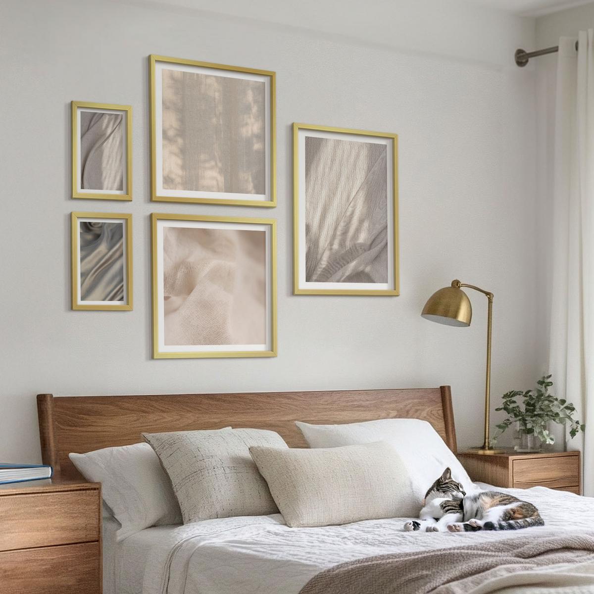 BILDER SET 5er Set - 50x50 cm & 20x30 cm & 40x60 cm Goldrahmen - Nahaufnahme von natürlichen Boho-Stoffen - Goldfarben, Kunststoff (40/60cm) - TULUP