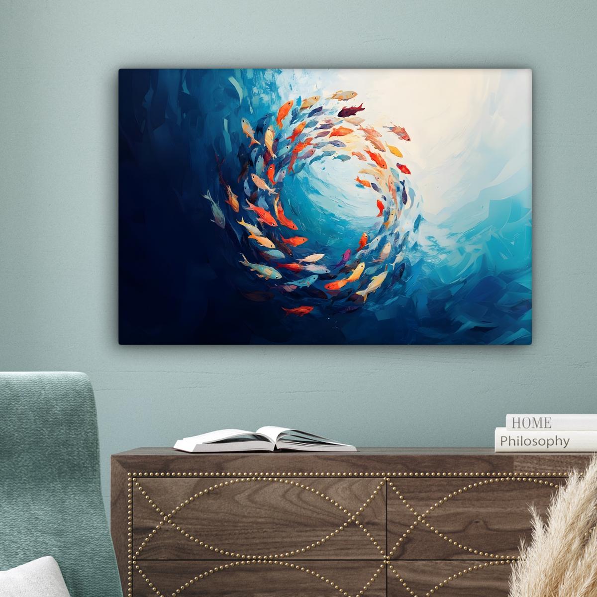 LEINWANDBILD Meer - Fische - Bunt - Dynamisch Wanddeko 90x60 cm - Hellblau, Textil (90/60cm) - MuchoWow