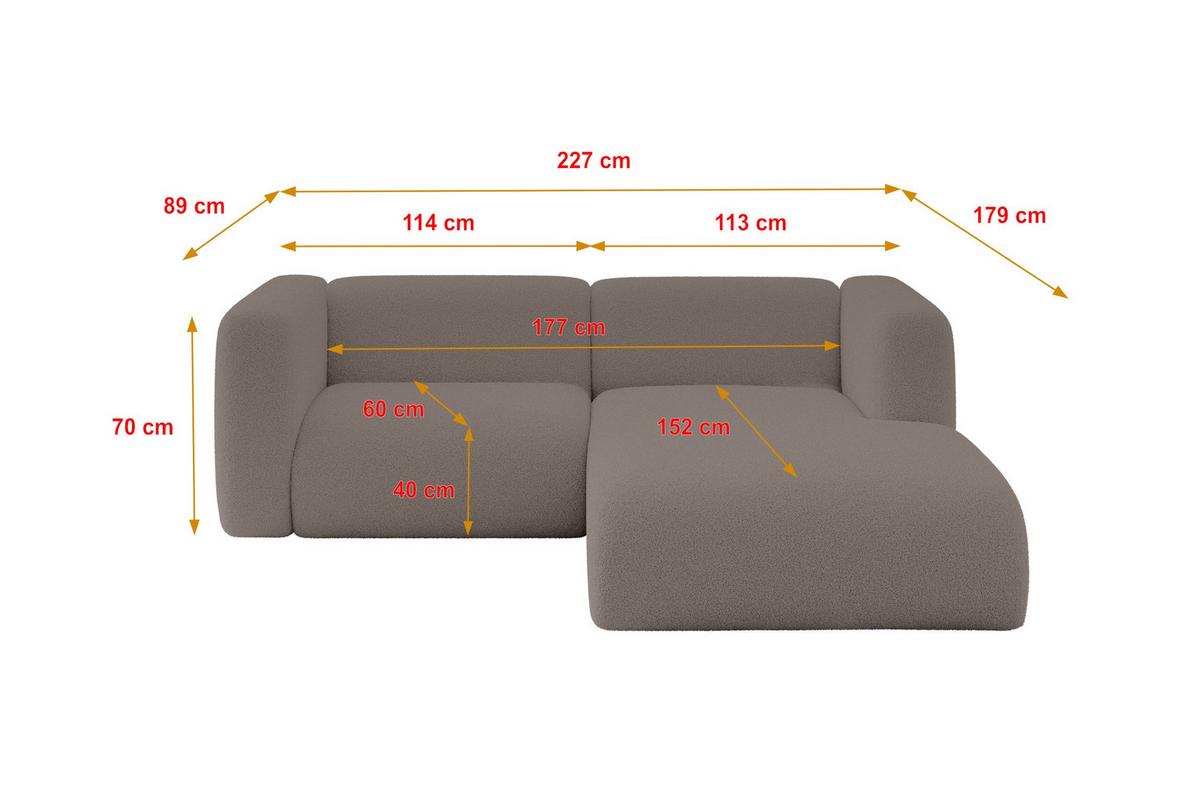 ECKSOFA Ottomane Rechts MIRA-L1 227x179x89 Braun Bouclé - Dunkelbraun/Schwarz, Holzwerkstoff/Kunststoff (227/179cm) - ALTDECOR