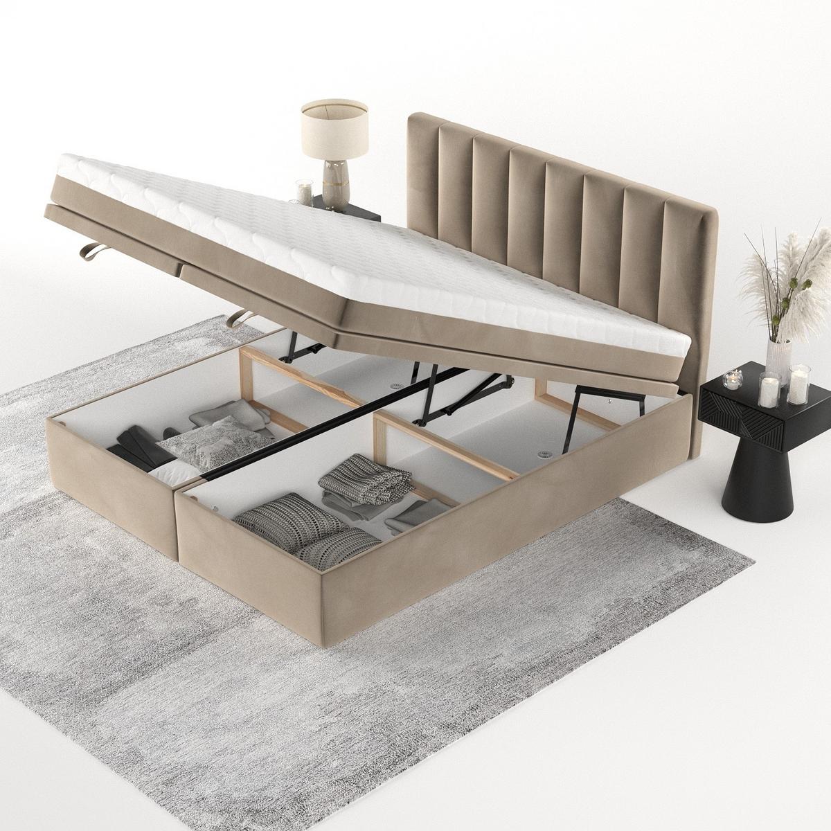 BOXBETT Lume 160/200 cm Taupe im Paros Stoff - Taupe/Schwarz, Holz/Holzwerkstoff (160/200cm) - AltaBeds