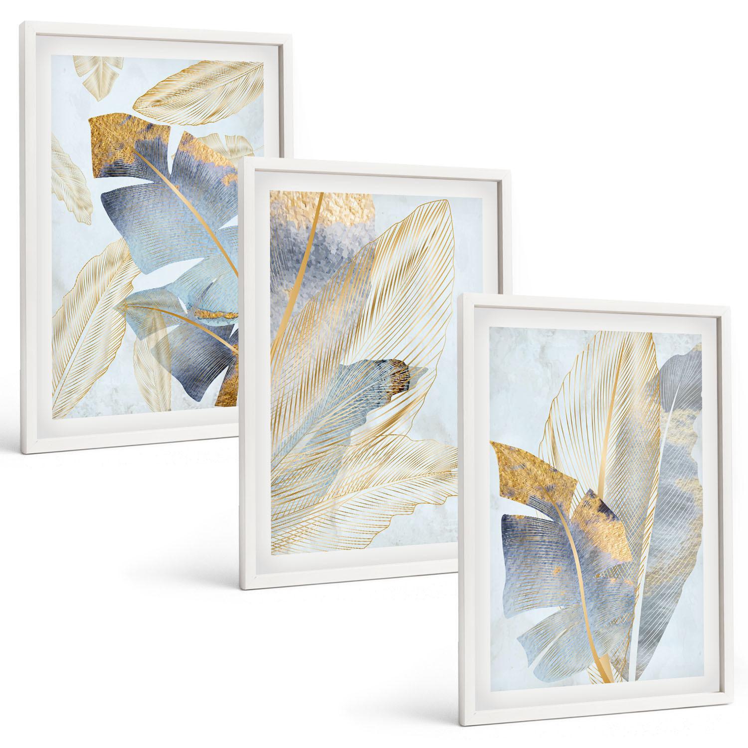 BILDER SET 3er Set - 40x60 cm Weißer Rahmen - Hellblau-beige Blätter - Weiß, Kunststoff (40/60cm) - TULUP