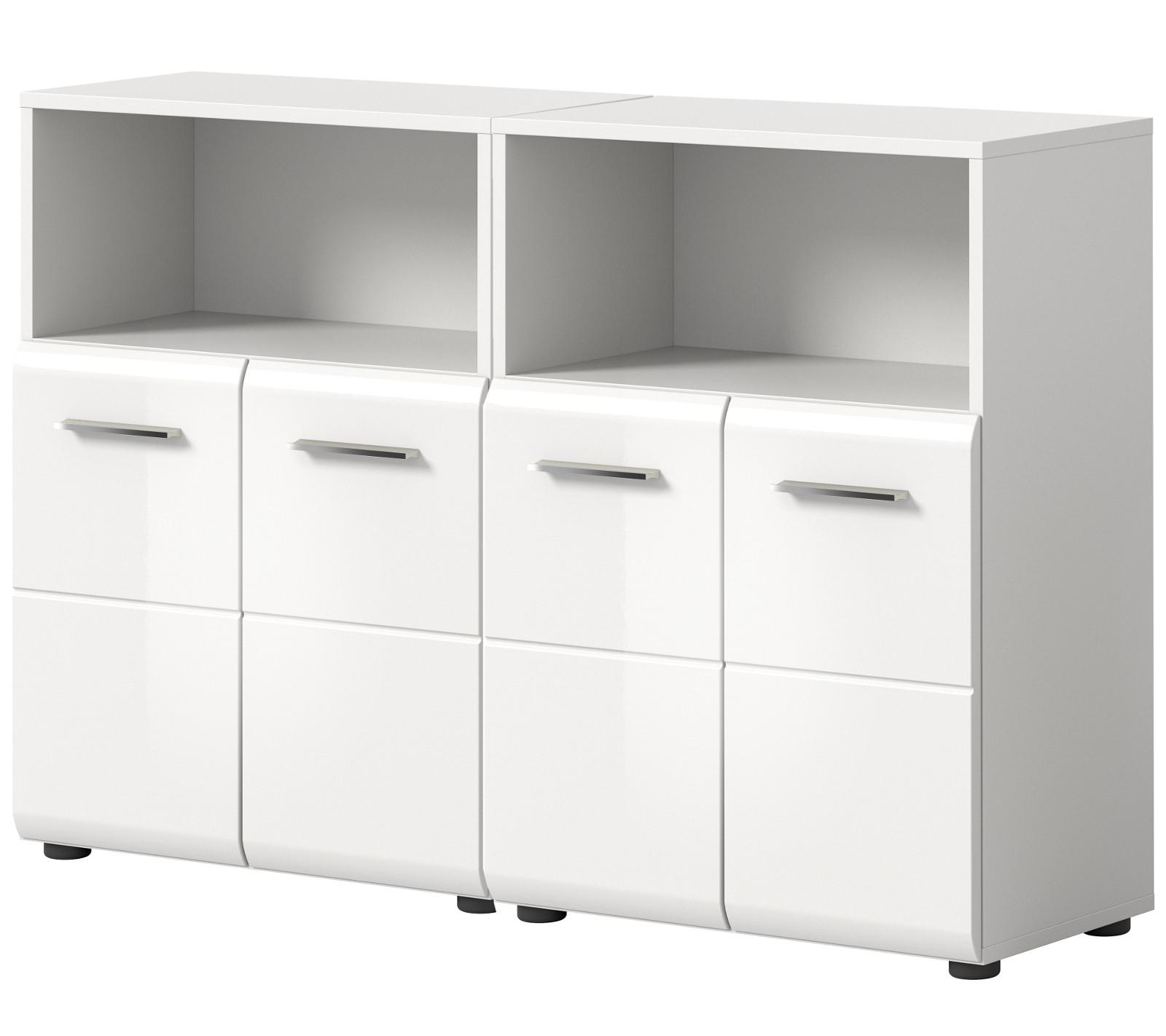 BADKOMMODE weiß Hochglanz 4-türig 120 x 106 cm, Set 2x Badezimmer Kommode - Weiß Hochglanz/Silberfarben, Holzwerkstoff/Kunststoff (120/80/30cm) - Inn.Furn