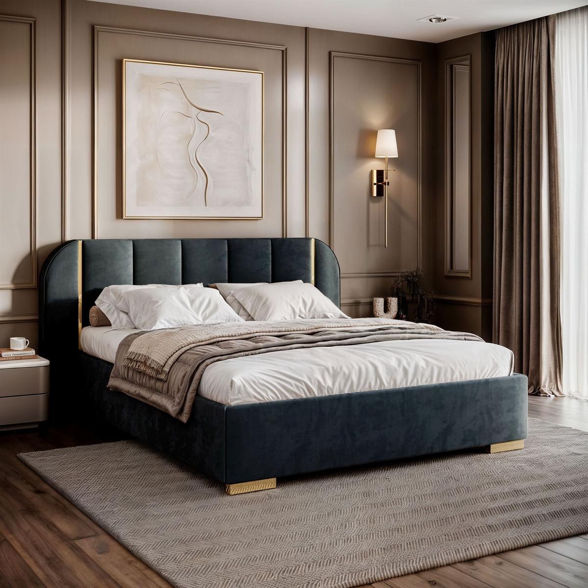 BETT AMARA GOLD 180x200 gepolstert mit Stauraum und Lattenrost, Royal Velvet 233 - Blau, Textil (180/200cm) - Lookway