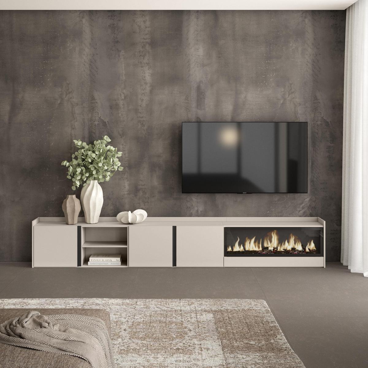 LOWBOARD, Beige, 315/35/50cm, Kamin mit Feuereffekt XXL - Beige, Holzwerkstoff (315/50/35cm) - Skraut Home