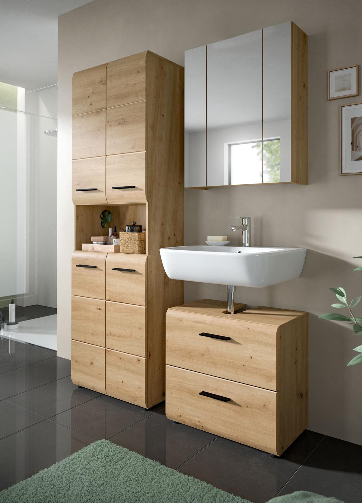 HOCHSCHRANK in Eiche Artisan, Badschrank 4-türig 60 x 185 cm mit viel Stauraum - Schwarz/Eiche Artisan, Holzwerkstoff/Kunststoff (60/185/30cm) - Inn.Furn