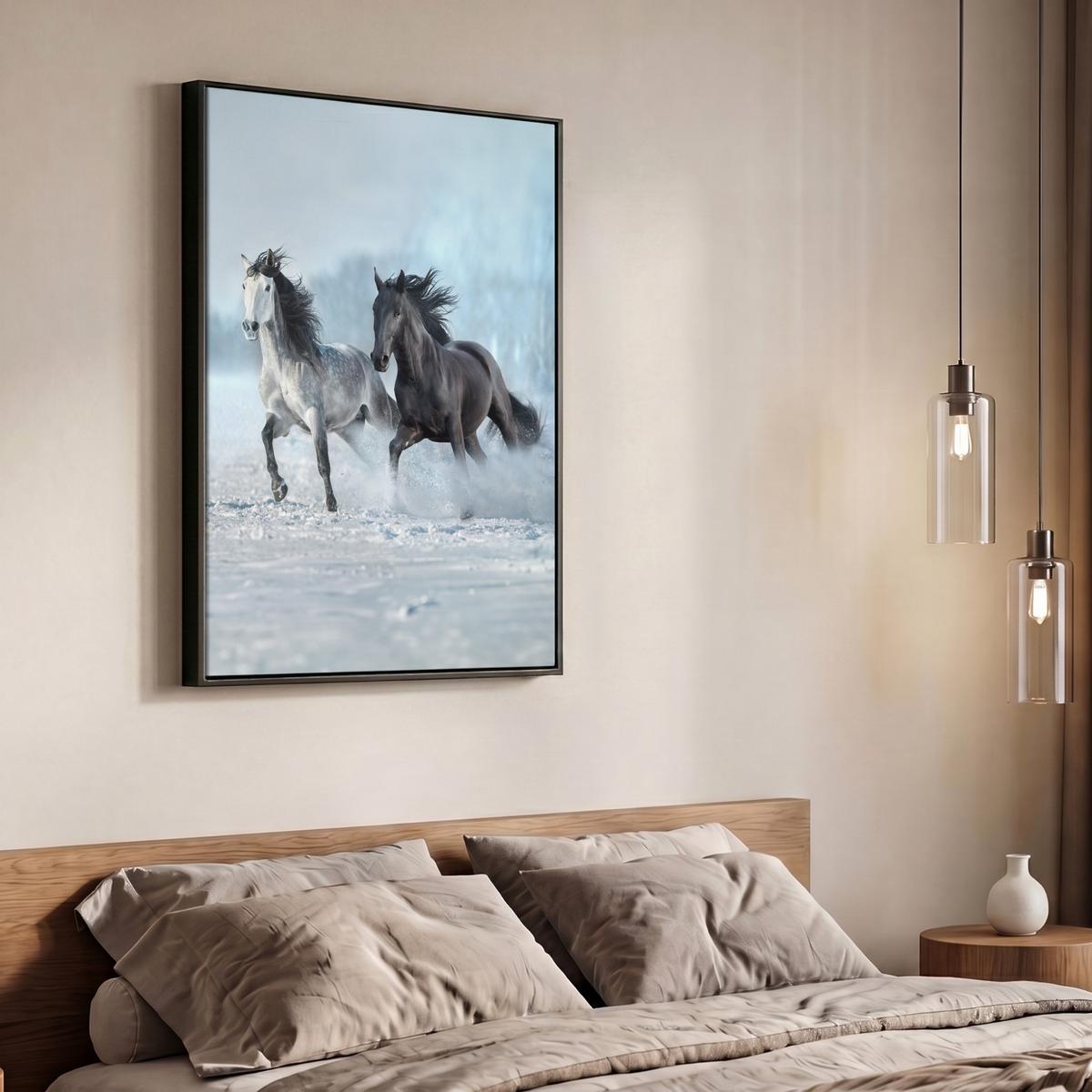 LEINWAND Bilder mit Rahmen - Pferde - Winter - Tiere - Natur - Schnee - 70x100 - Anthrazit, Textil (70/100cm) - MuchoWow